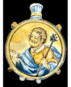 Majolica pilgrim flask with depiction of Saint Anthony of Padua and Madonna. Castelli d'Abruzzo, Gentilì workshop.