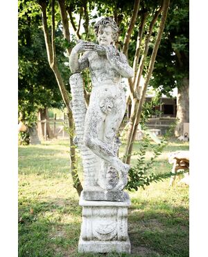 Putto with flute – Art Nouveau sculpture in grit, 1930s