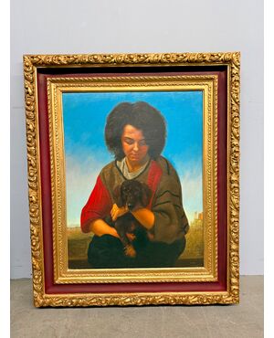 Olio su tela, ragazza e cagnolino 1987 Giancarlo Pignataro, 98x82cm
