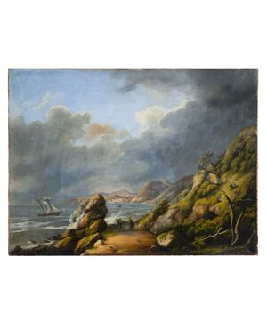 19th-century French School "Seascape with sailboat and figures"