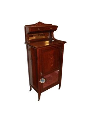 Vetrinetta bassa vittoriana della seconda metà del 1800 in palissandro con intarsi e alzatina con specchio