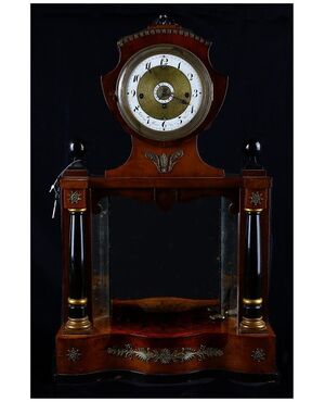 Antique 1800s Biedermeier wooden table clock with inlays