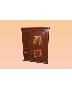 Tall Tyrolean Italian cupboard with 1 door and drawers with floral paintings