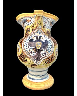 Majolica jug-ewer decorated with Raphael-style motifs and a double-headed eagle. Pesaro, Giuseppe Bertolucci's factory.