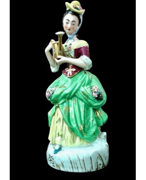 Polychrome porcelain veilleuse-teapoy depicting a lady with watering can. France