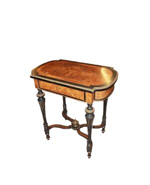 French Louis XVI style vanity in ebony and burr elm wood, richly inlaid
