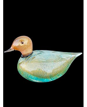 Submerged glass duck with gold leaf inclusions. LIP Murano signature.