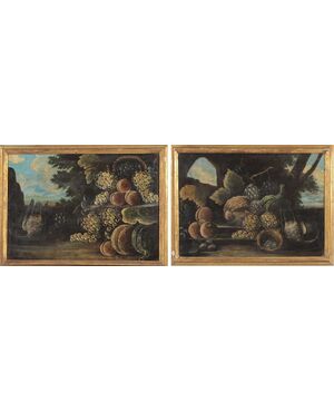 Pair of antique Italian oil on canvas paintings from the 1800s "Still Life"