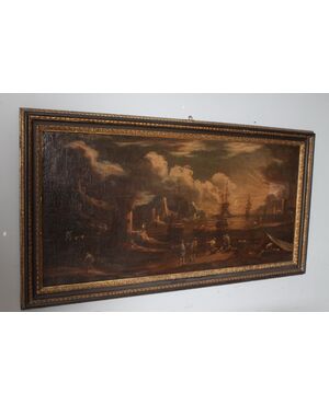 Dipinto Veduta portuale all ‘ Alba . Olio su tela XVII sec  Giovanni Grevenbroeck – Solfarolo . Mis 149 x 80