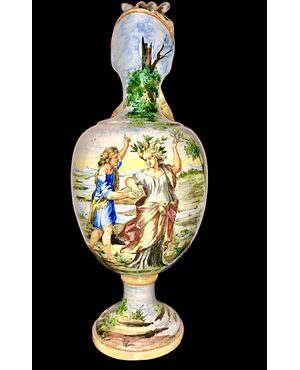Majolica pouring vase with historical decoration. Minghetti, Bologna.