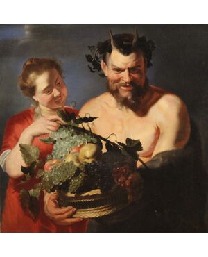 17th century antique Flemish painting, Faun with fruit basket and Bacchante