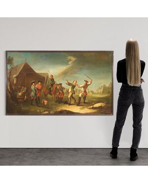 French painting camp with soldiers and horses from the 19th century