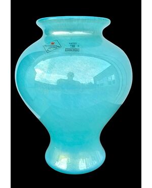 Globular vase in submerged blue glass with gold leaf. Barovier & Toso.
