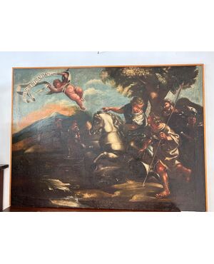 Scena biblica di caccia Scuola di Salvator Rosa olio su tela fine XVII secolo . 146 x 108
