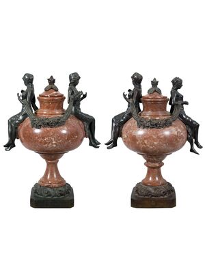 Pair of red marble and bronze vases. Italy, late 19th century.