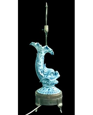 Majolica lamp depicting a mythological fish decorated in turquoise monochrome. Cantagalli Manufacture, Florence.