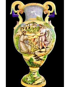 Large vase with mask handles and historiated decoration. S.A.C.A. Sesto Fiorentino manufacture.