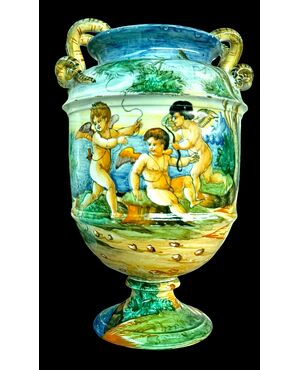 Majolica vase with snake handles and historical decoration. Cantagalli manufacture. Florence.