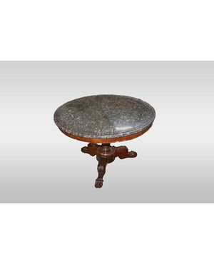 1800s Carlo X mahogany coffee table with marble top and lion's paw feet
