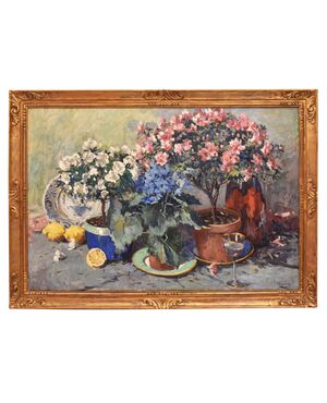 DIPINTI ANTICHI CON FIORI DI ROSE E AZALEE, NATURE MORTE, OLIO SU TELA, INIZIO NOVECENTO, ART DECO. (QF682)   