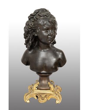 Scultura antica in bronzo patinato e bronzo dorato firmata"Houdon".Francia XIX secolo.