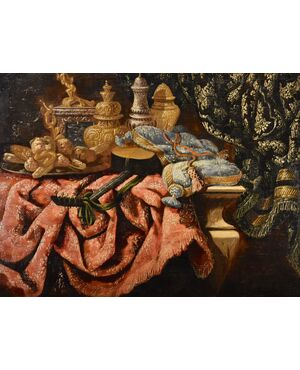 Antonio Tibaldi (Rome, c. 1633 - 1684), Still life with precious objects, brocade fabrics, and plate with sweets