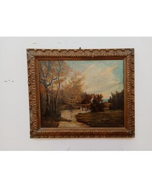 Oil on canvas painting, countryside landscape with river - Galbusera Giovacchino - 1900s