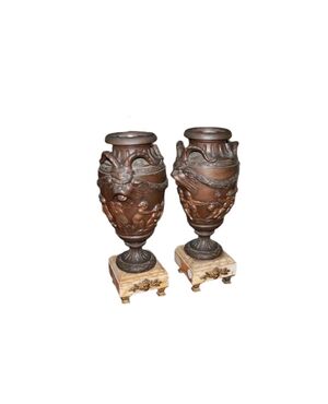 Pair of Large Antimony Vases with Yellow Marble Bases, 19th Century