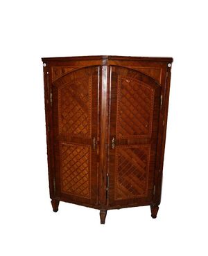 Antique French Louis XVI style corner cabinet from the 1700s in richly inlaid walnut