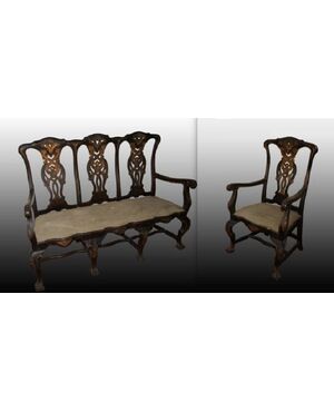 Living room with 2 armchairs and 1 sofa from the early 1800s, Spanish Chippendale style, gilded.