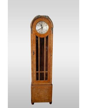 Early 20th century Art Deco style burl wood grandfather clock with bronze applications