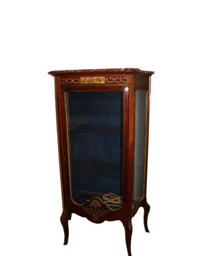 French Louis XV Style Display Cabinet with Bronze and Mahogany Wood Marble Top