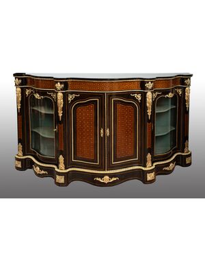 Antique Napoleon III sideboard in fine exotic woods with gilded bronze inserts. 19th century period.