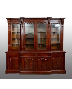 Libreria antica Vittoriana a quattro ante in piuma di mogano.Inghilterra XIX secolo.