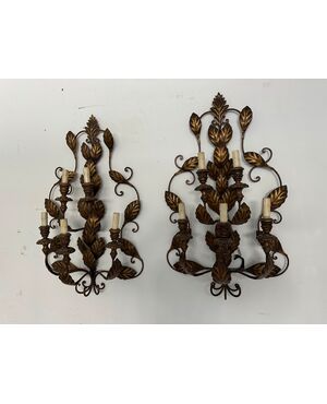 Pair of antique 5-light sconces from the late 19th century with leaf motifs
