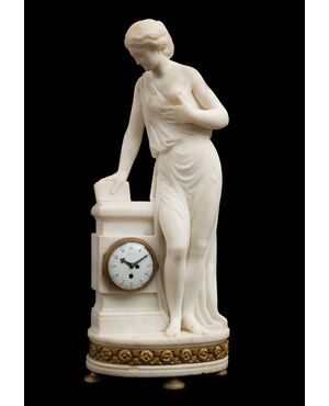Antique Napoleon III French clock in white statuary marble. Period 19th century.     