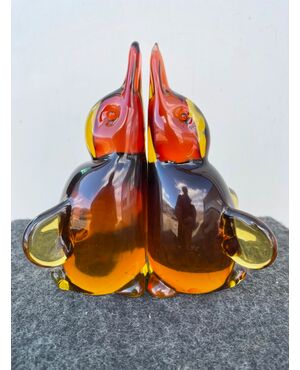 Coppia di pinguini ( fermalibri?) in vetro sommerso.Flavio Poli per Seguso.Murano
