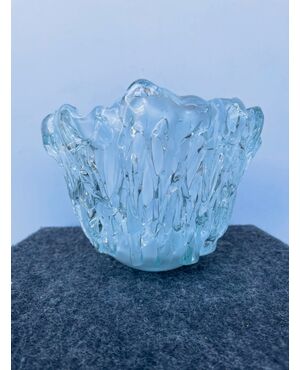 Vase in heavy coated glass with milky interior and transparent drips. Seguso, Murano.     