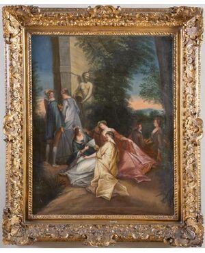 Scena galante – dipinto ad olio su tela, francese, di epoca rococò.
