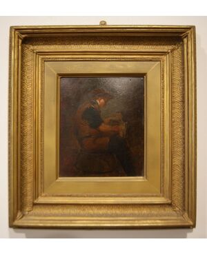 Olio su tavola francese del 1800 Uomo con giornale