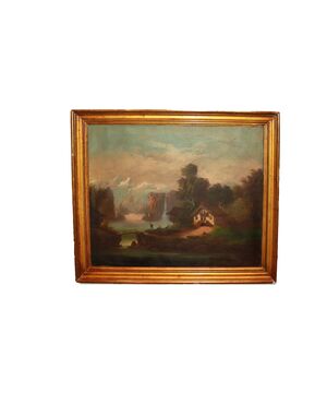 Early 19th-century Italian oil on canvas depicting Mountain Landscape with Lake and Figures