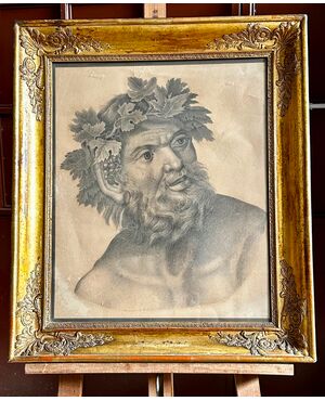 Pencil drawing, "Silenus with vine leaves crown" - 19th century