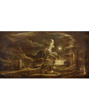 Moonlit harbor view, Giovanni Grevenbroeck, known as il Solfarolo (Netherlands, ca. 1650 – Milan, after 1699)