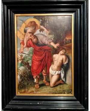 Wonderful oil painting on panel "Sacrifice of Isaac" Italian from the 1500s with a wonderful frame