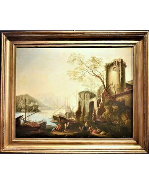 Paesaggio costiero con porto e rovine