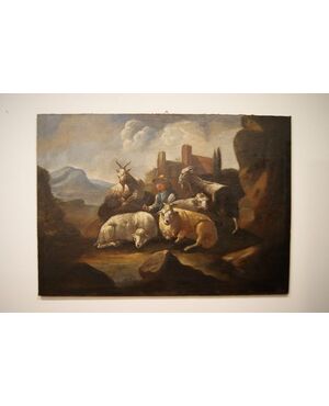 Olio su tela scuola Rosa da Tivoli (Philipp Peter Roos 1657-1706)