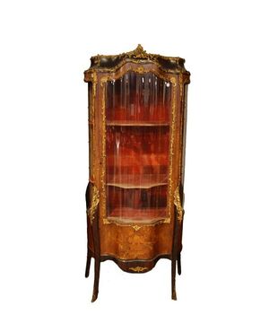 Stunning Louis XV inlaid display cabinet with bronze appliques and caryatids.