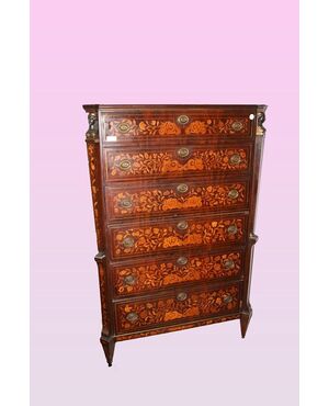 Dutch Empire style highboy from the 1700s in richly inlaid mahogany