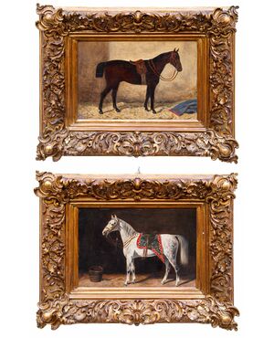 Emil Volkers (Birkenfeld, 1831 - Dusseldorf, 1905), attr., Coppia di cavalli