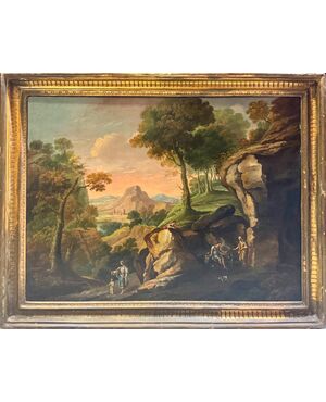 LANDSCAPE WITH FIGURES - Roman school of the 19th century.